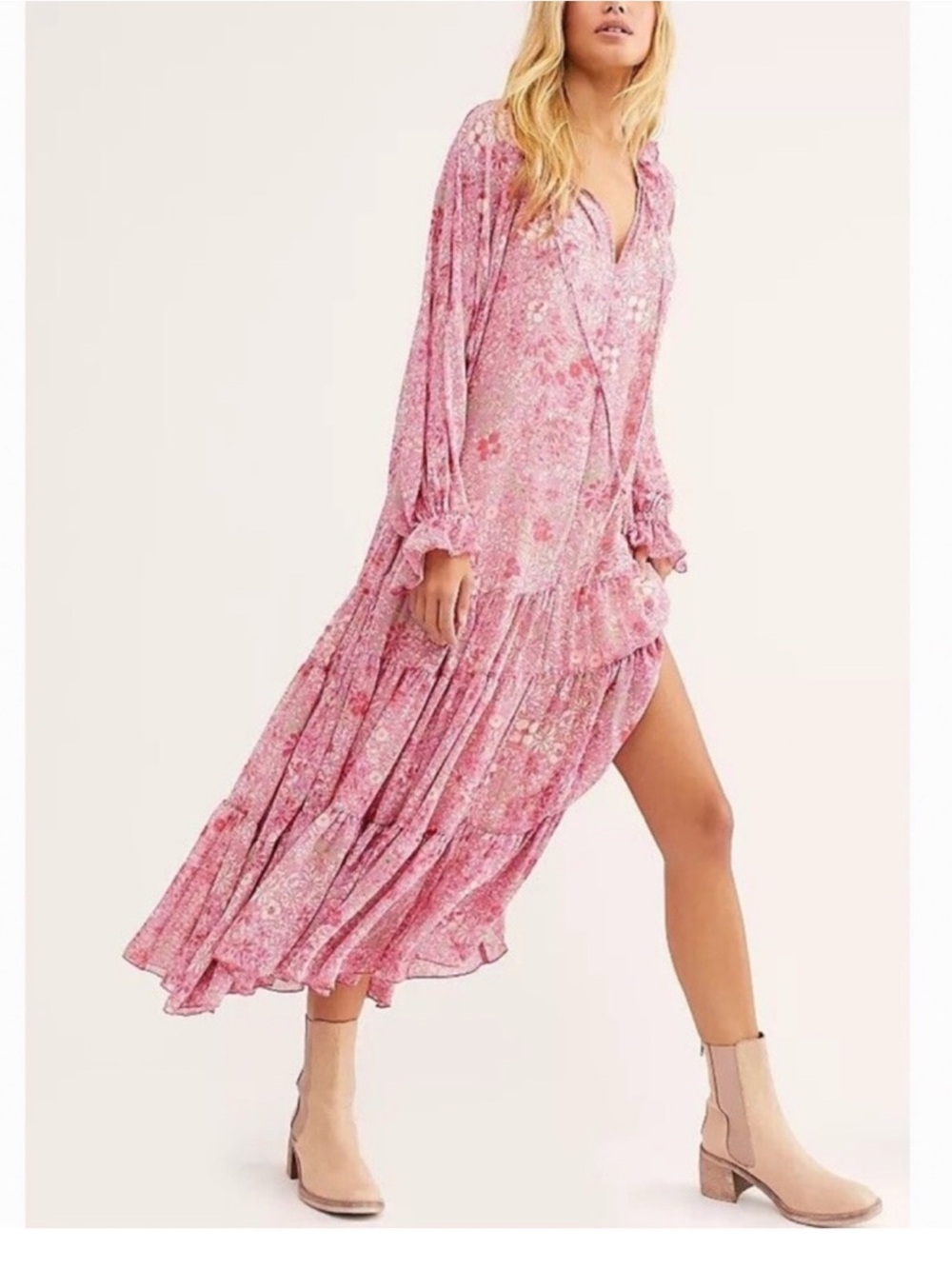 Free People Feeling Groovy Maxi Dress Pink Floral Tiered Flowy M